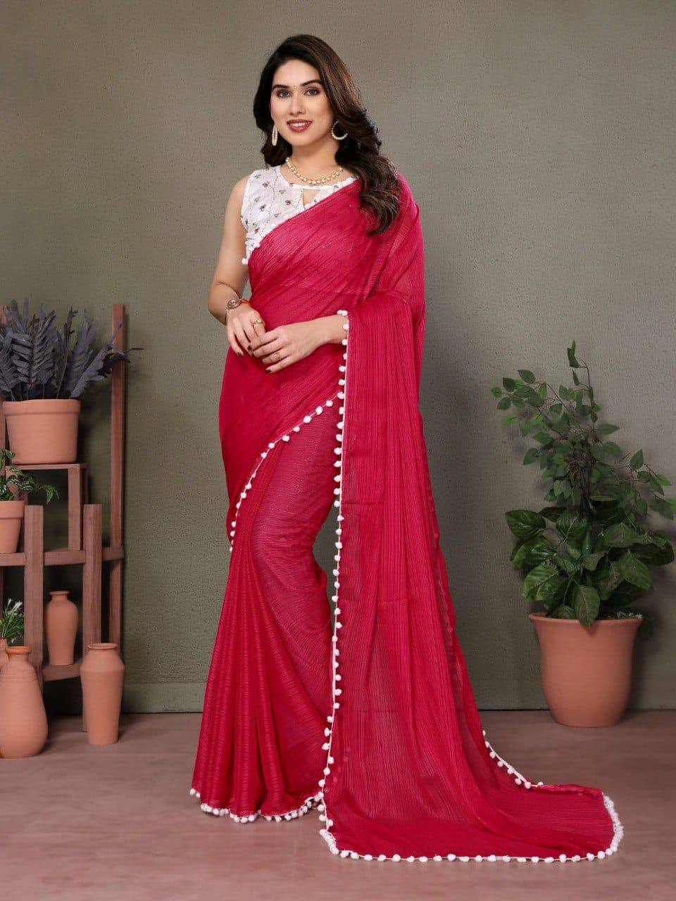 Pink Embroidered Litchi Silk Saree Set