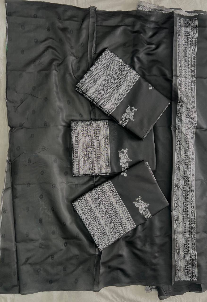 Black Silk Saree with Silver Zari Border and Floral Motif