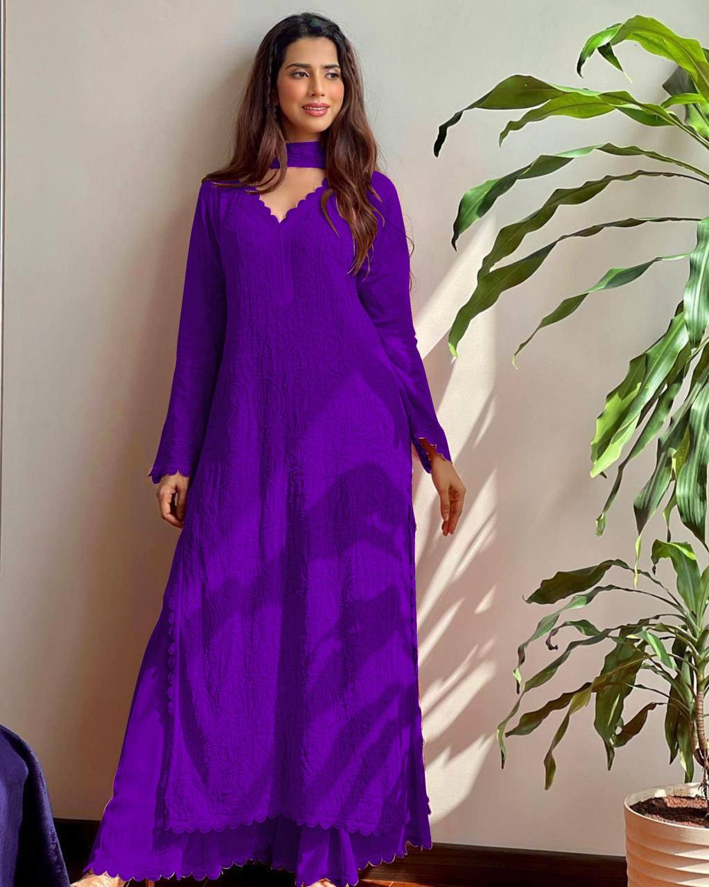 Wine Georgette Kurti With Pant And Dupatta