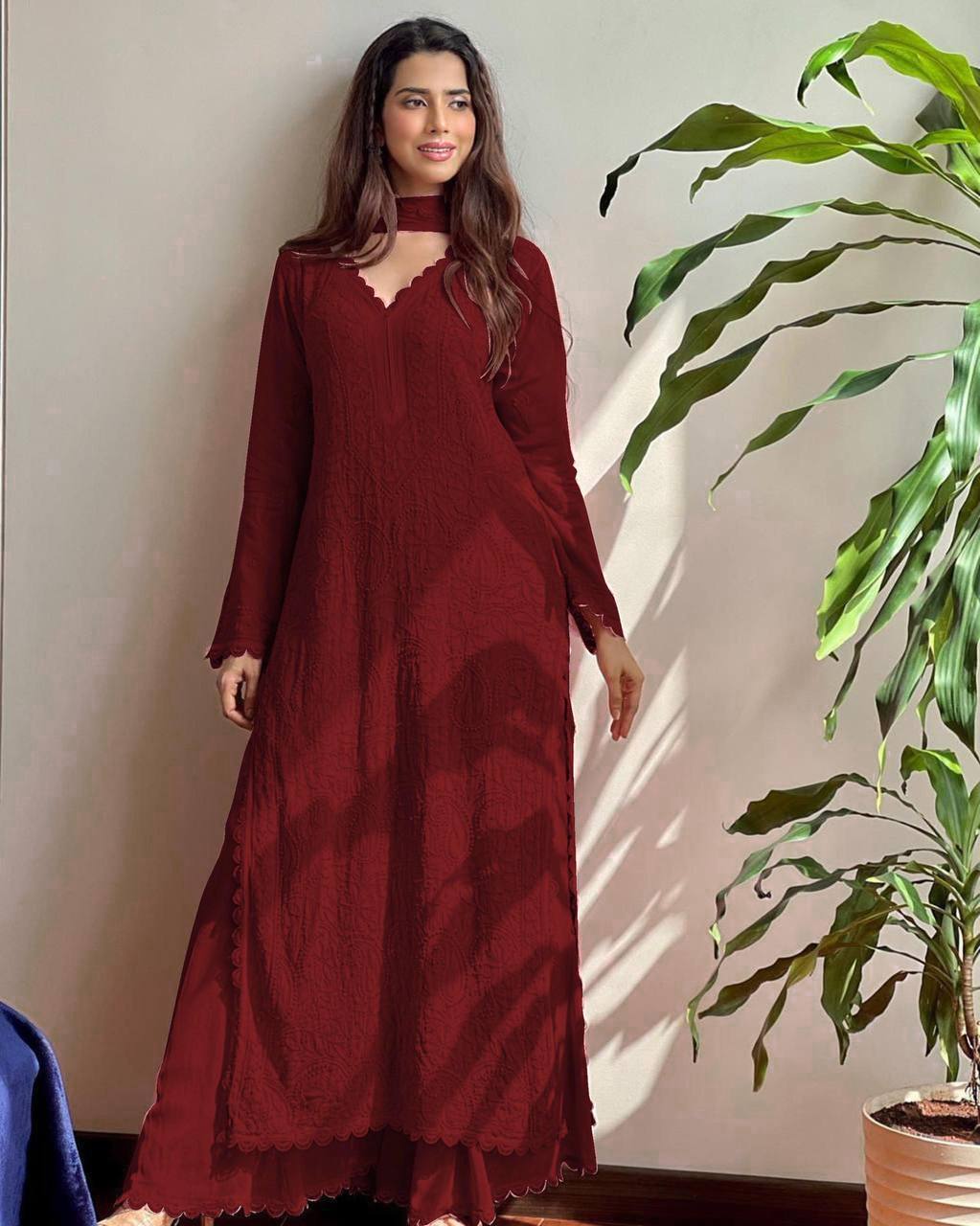 Wine Georgette Kurti With Pant And Dupatta