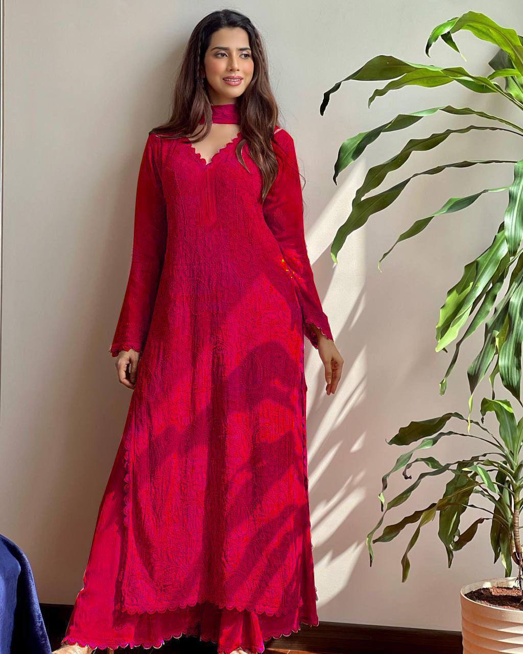 Wine Georgette Kurti With Pant And Dupatta