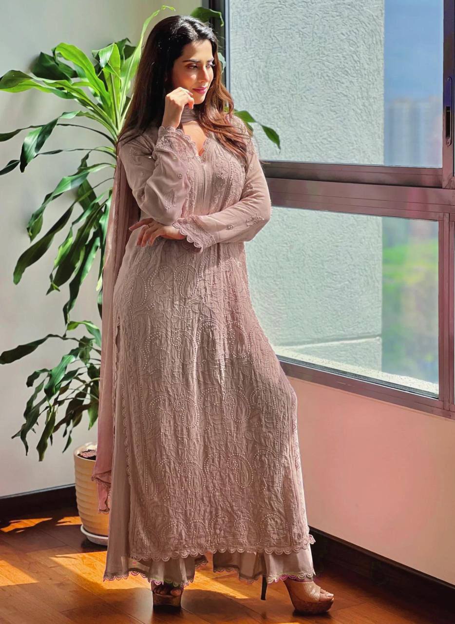 Wine Georgette Kurti With Pant And Dupatta