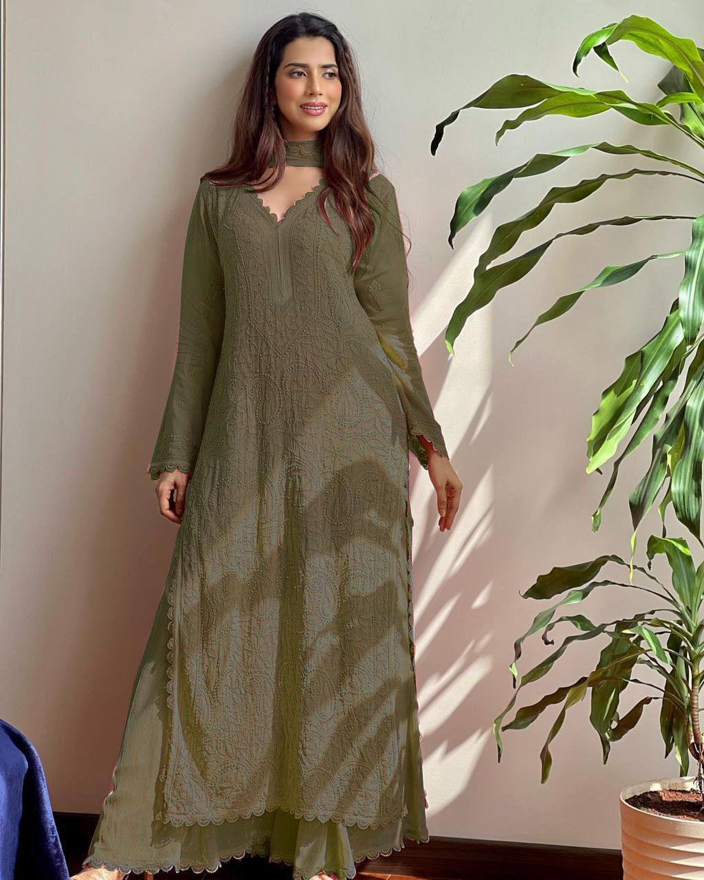 Wine Georgette Kurti With Pant And Dupatta