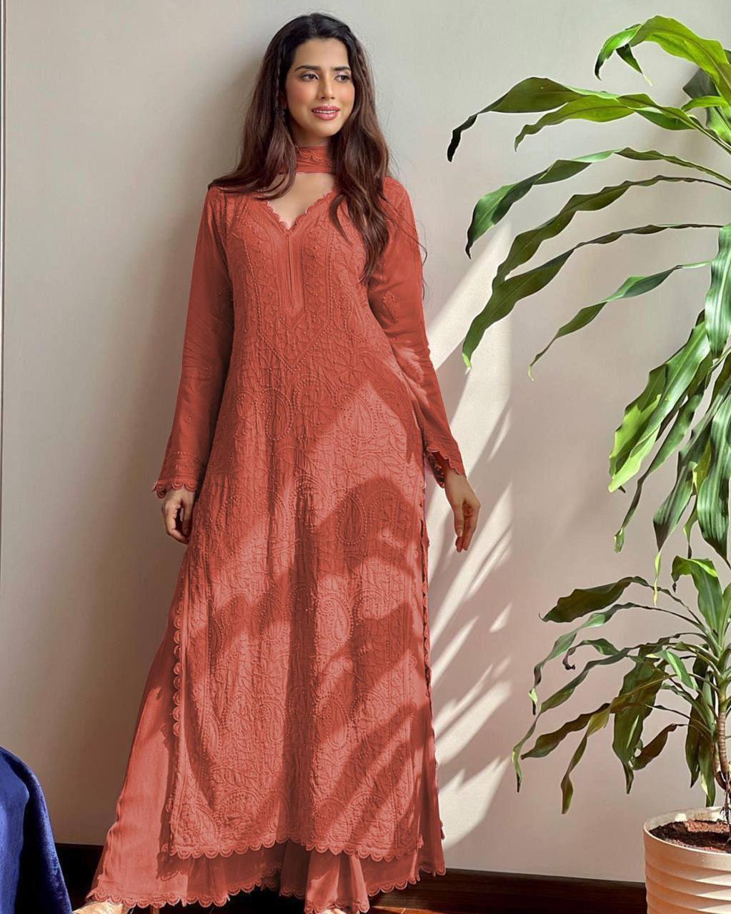 Wine Georgette Kurti With Pant And Dupatta
