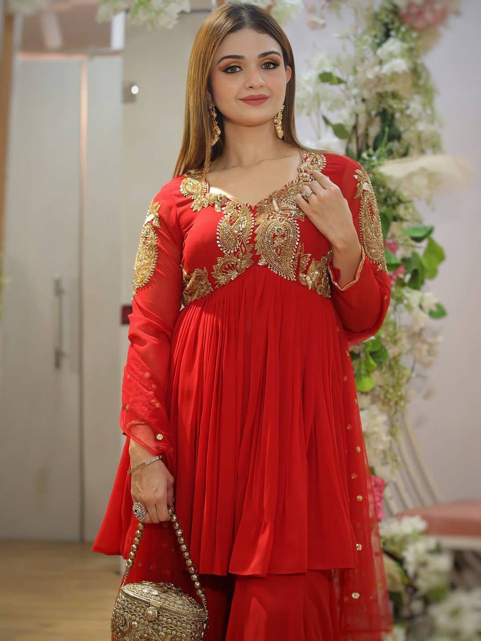 Red Embroidered Georgette Anarkali Set With Dupatta