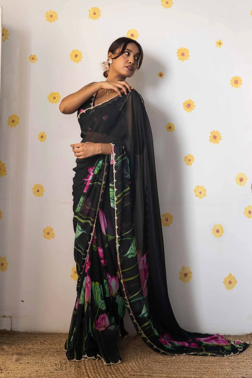 Kumud Black Chiffon Silk Saree