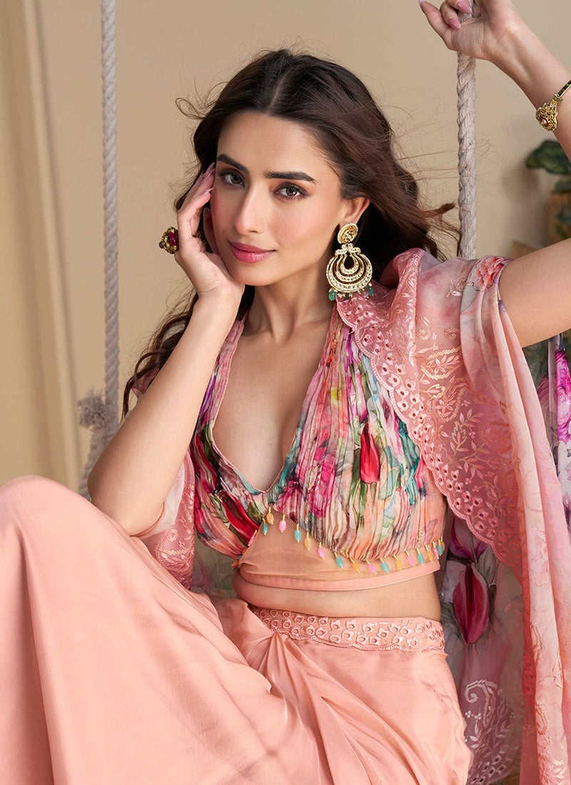 Pink Chinon Silk Digital Print Embroidered Sequins Indowestern