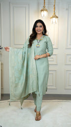 Women’s Embroidered Straight Kurta Set with Jacquard Dupatta