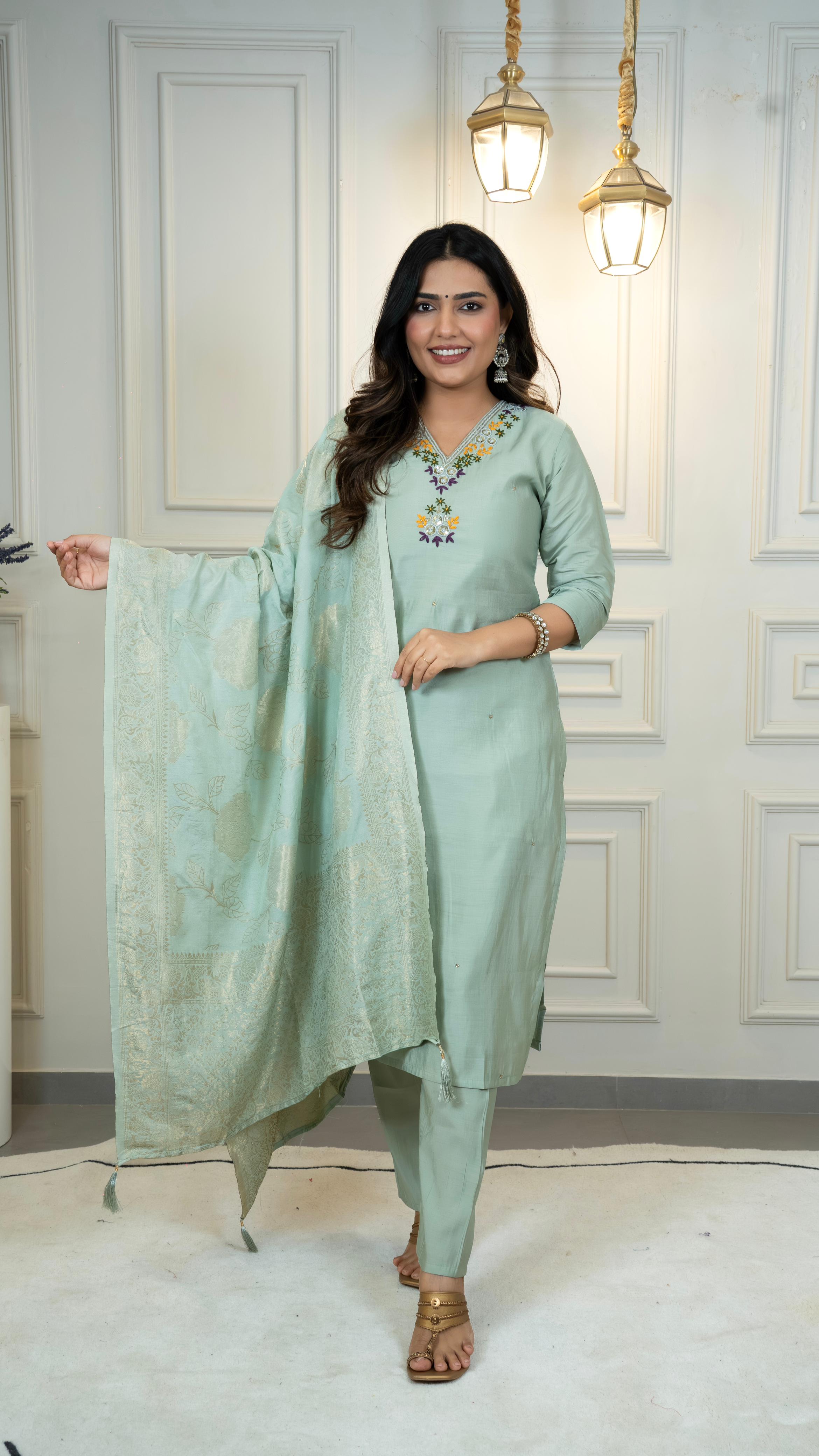 Women’s Embroidered Straight Kurta Set with Jacquard Dupatta