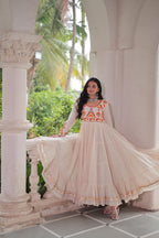 Cream Embroidery Work Cotton Gown