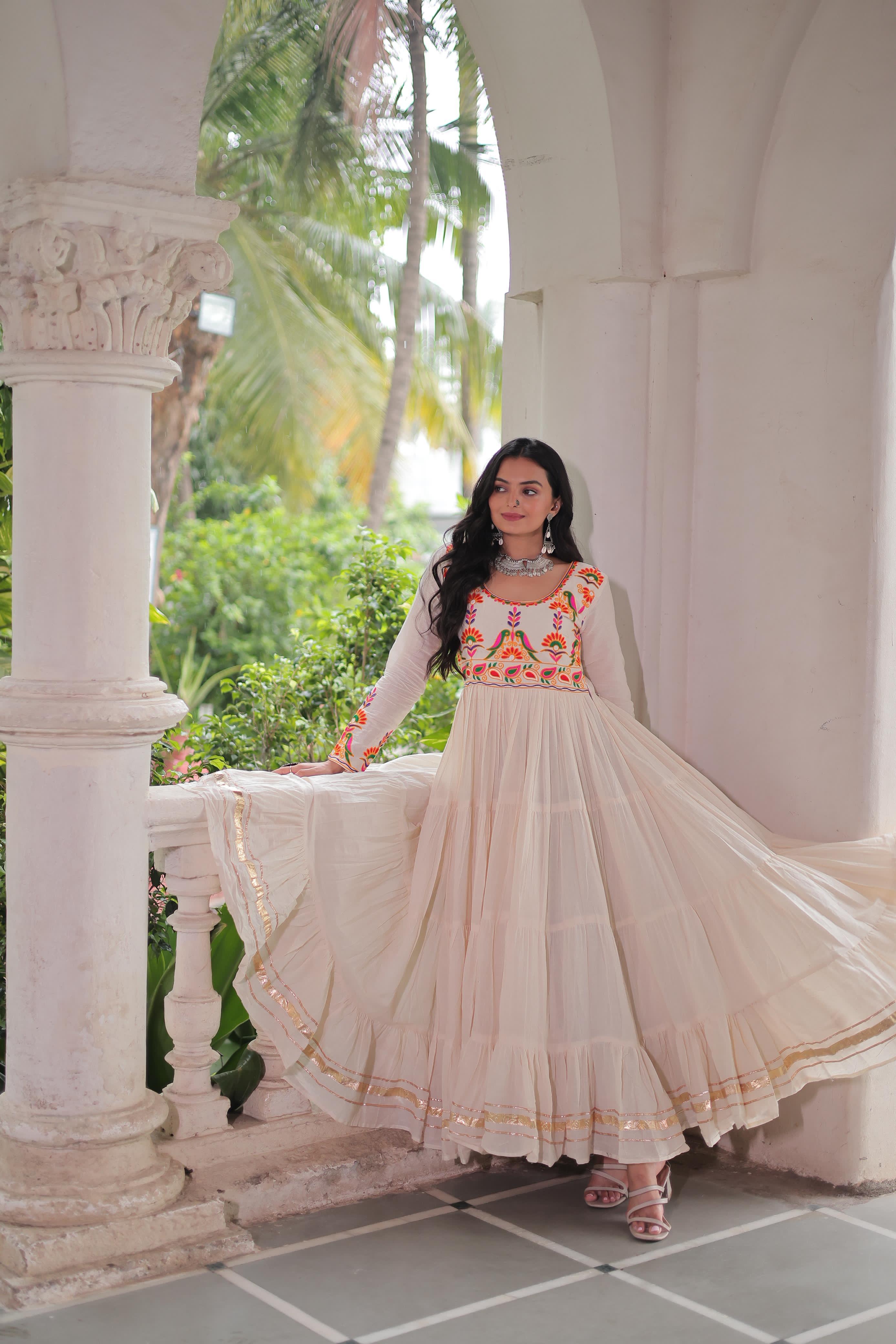 Cream Embroidery Work Cotton Gown