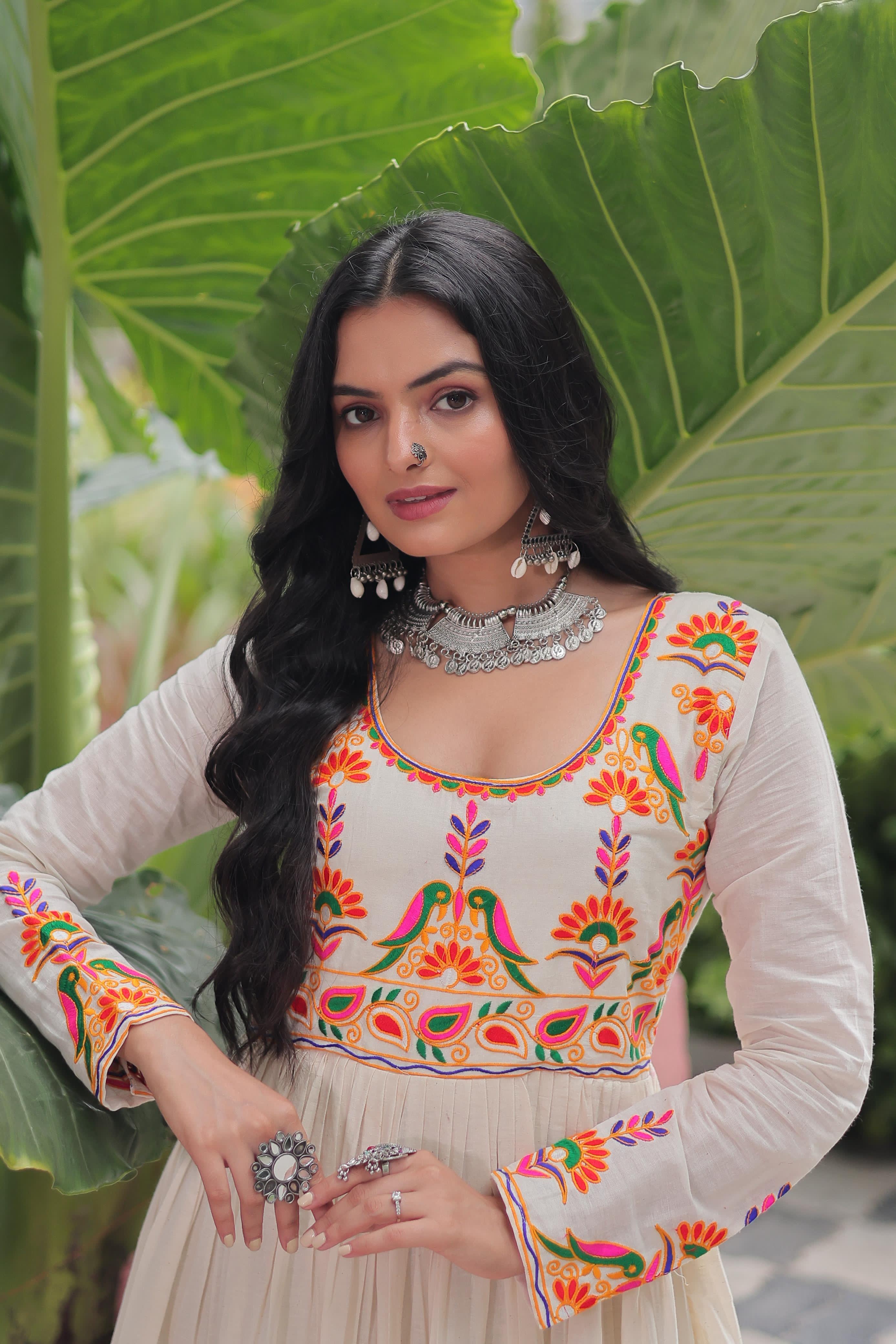 Cream Embroidery Work Cotton Gown