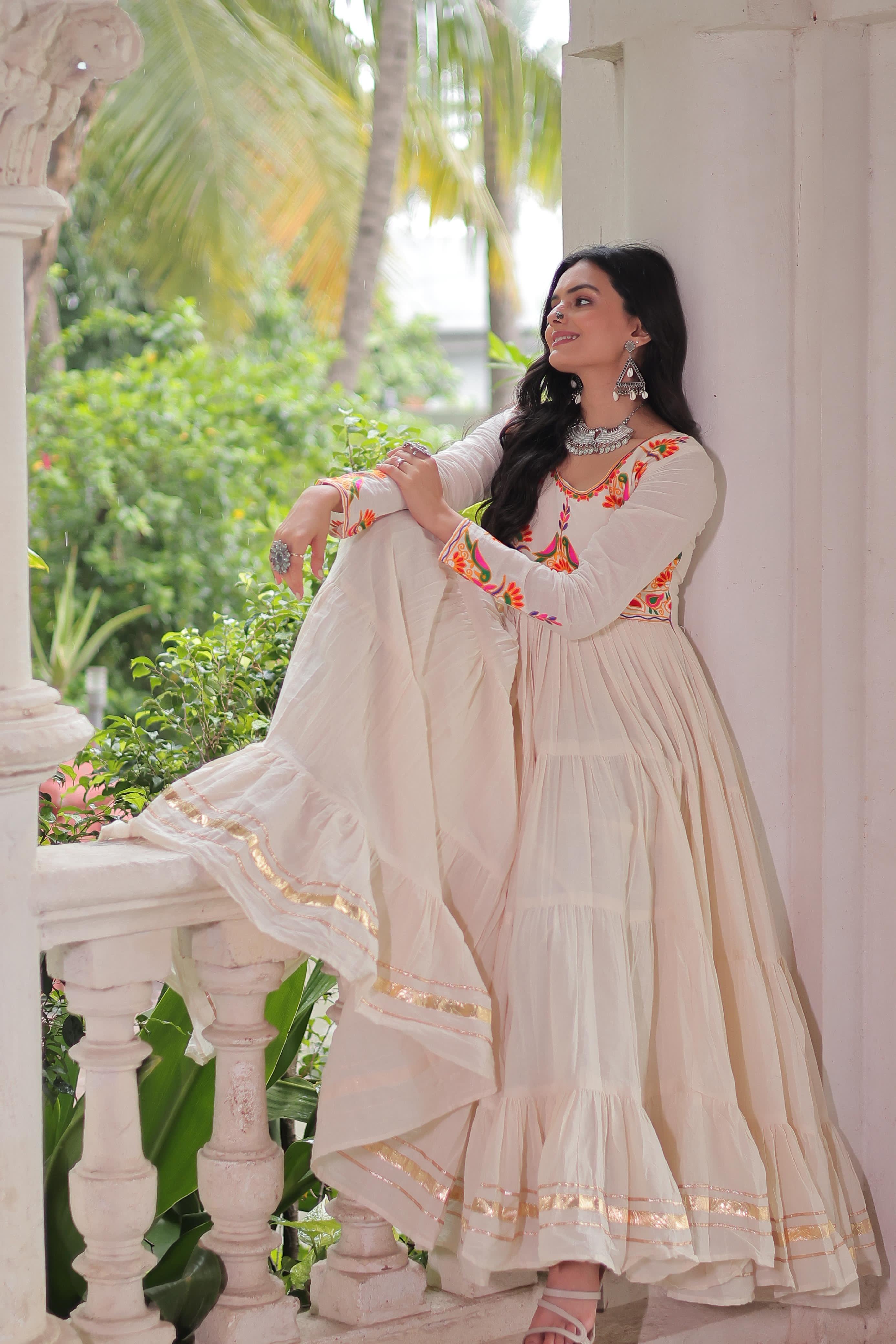 Cream Embroidery Work Cotton Gown