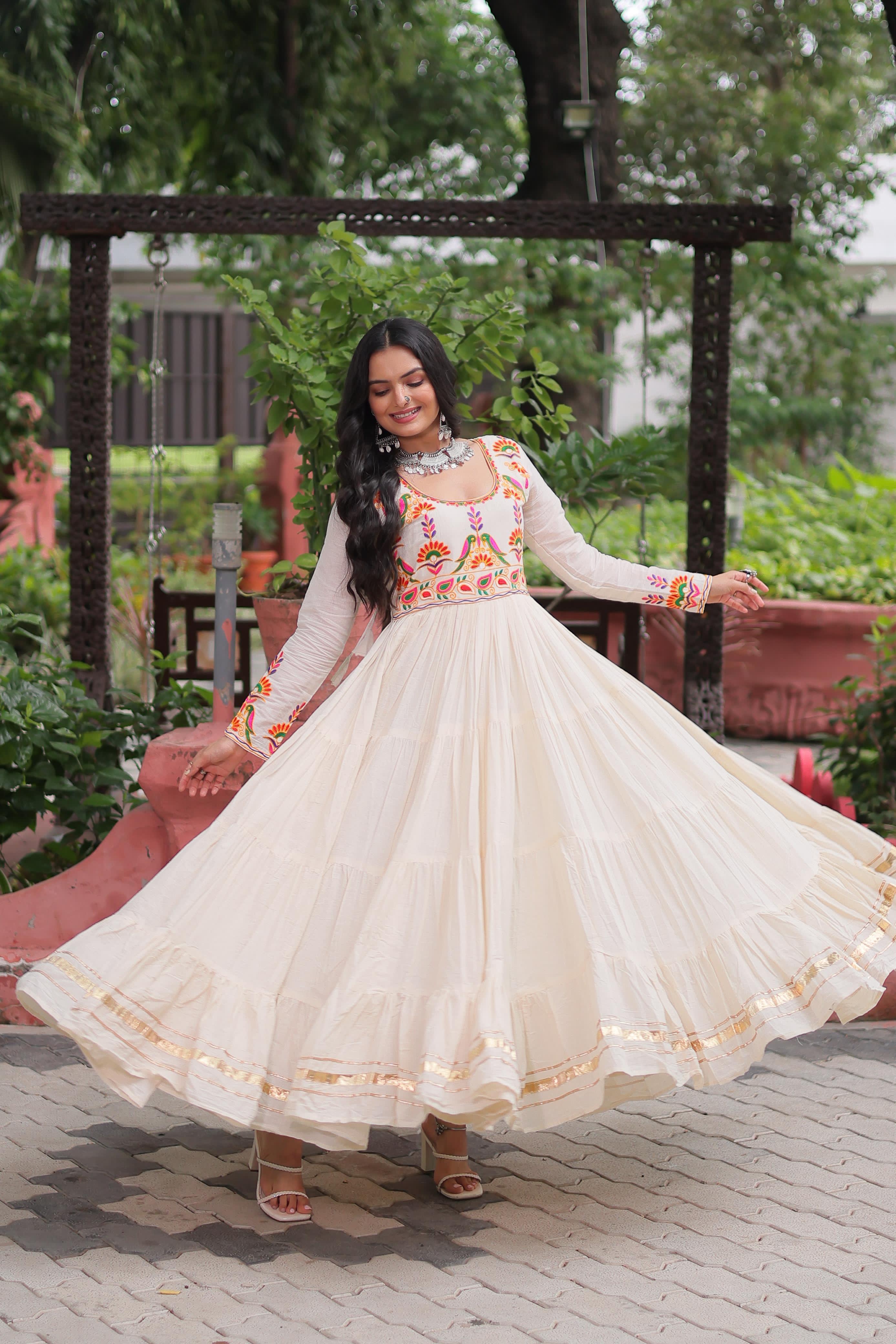 Cream Embroidery Work Cotton Gown