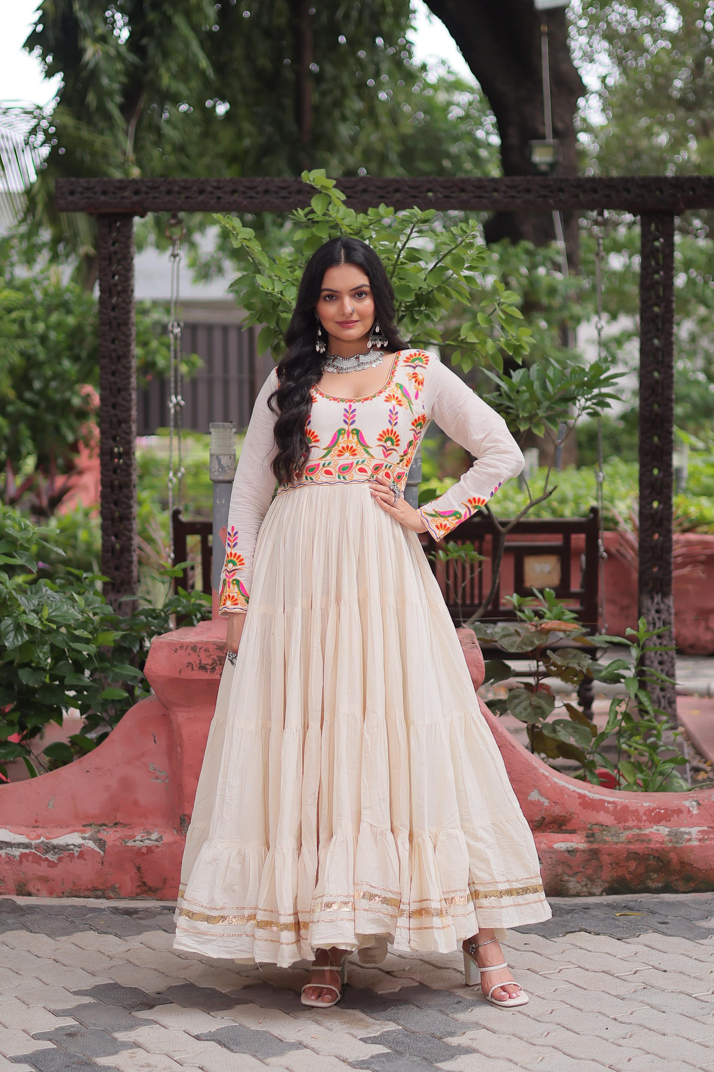 Cream Embroidery Work Cotton Gown