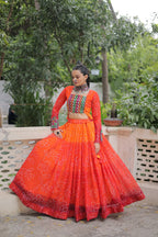 Bandhani Print Lehenga with Kutchi Gamthi Patchwork