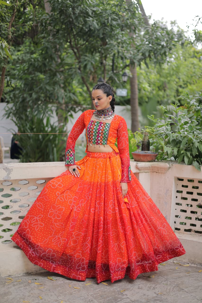 Bandhani Print Lehenga with Kutchi Gamthi Patchwork