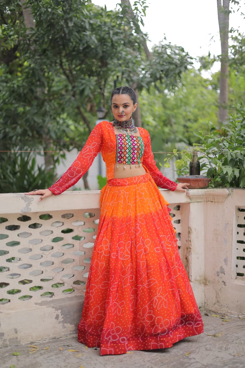Bandhani Print Lehenga with Kutchi Gamthi Patchwork