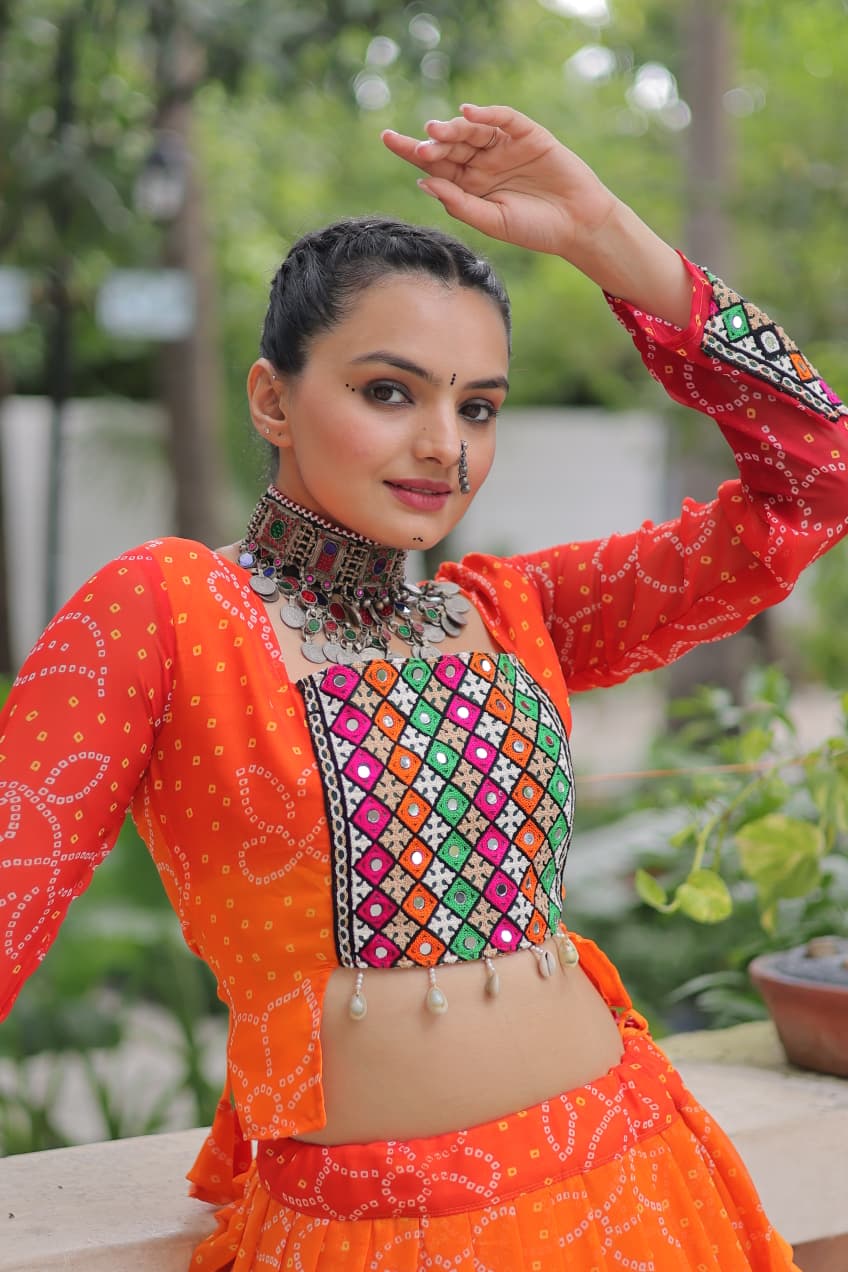Bandhani Print Lehenga with Kutchi Gamthi Patchwork