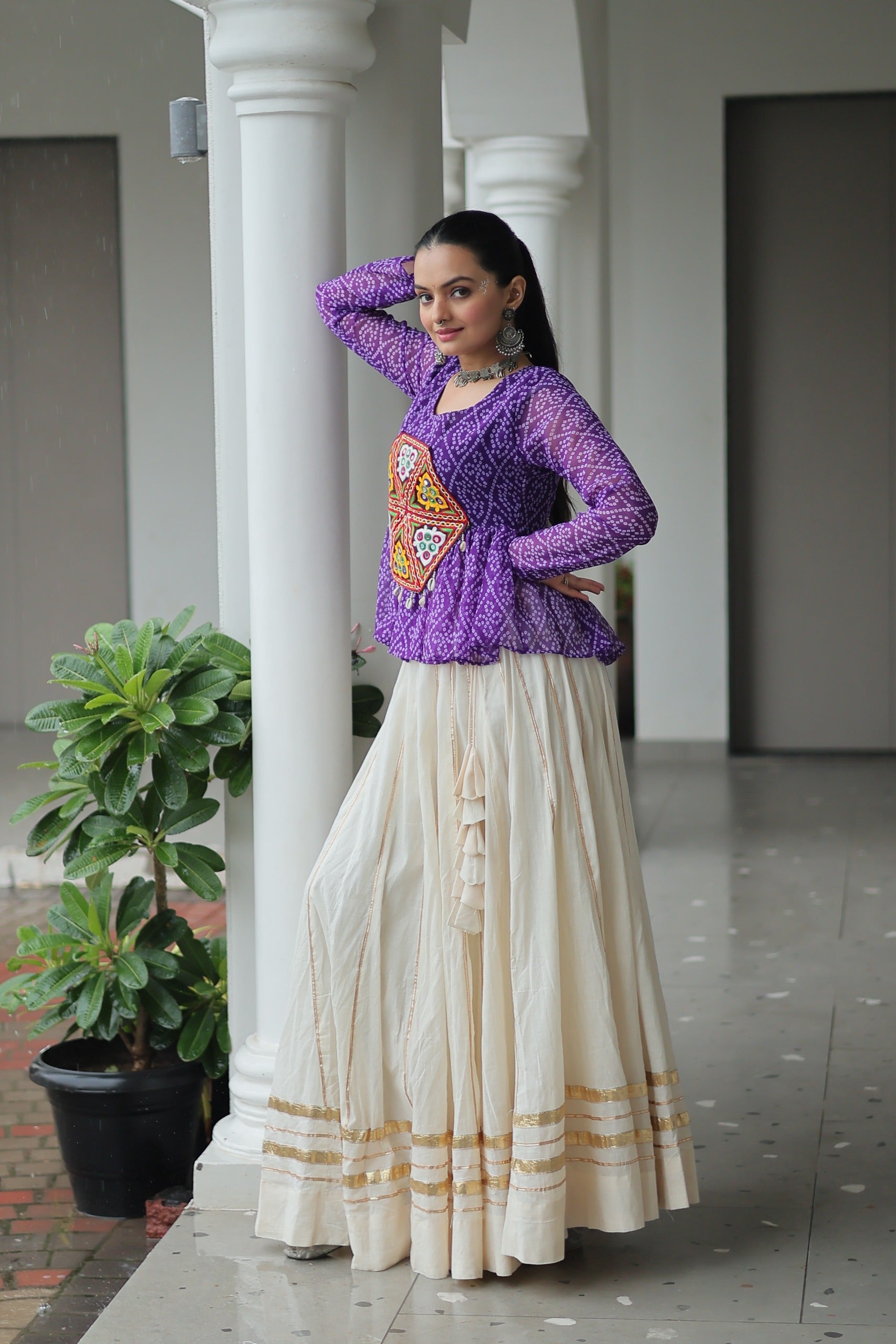 Bandhani Printed White Cotton Navratri Lehenga With Top