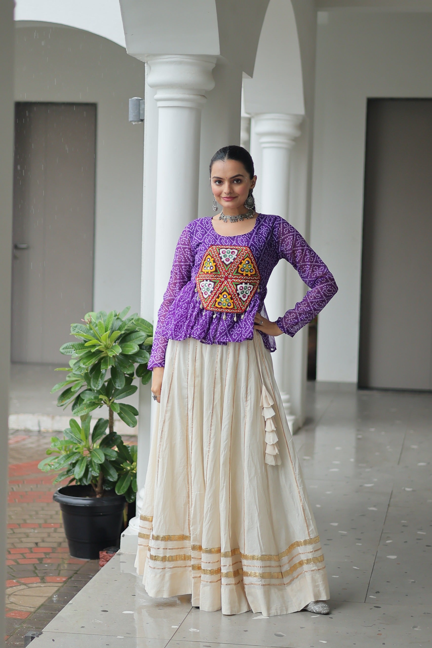 Bandhani Printed White Cotton Navratri Lehenga With Top