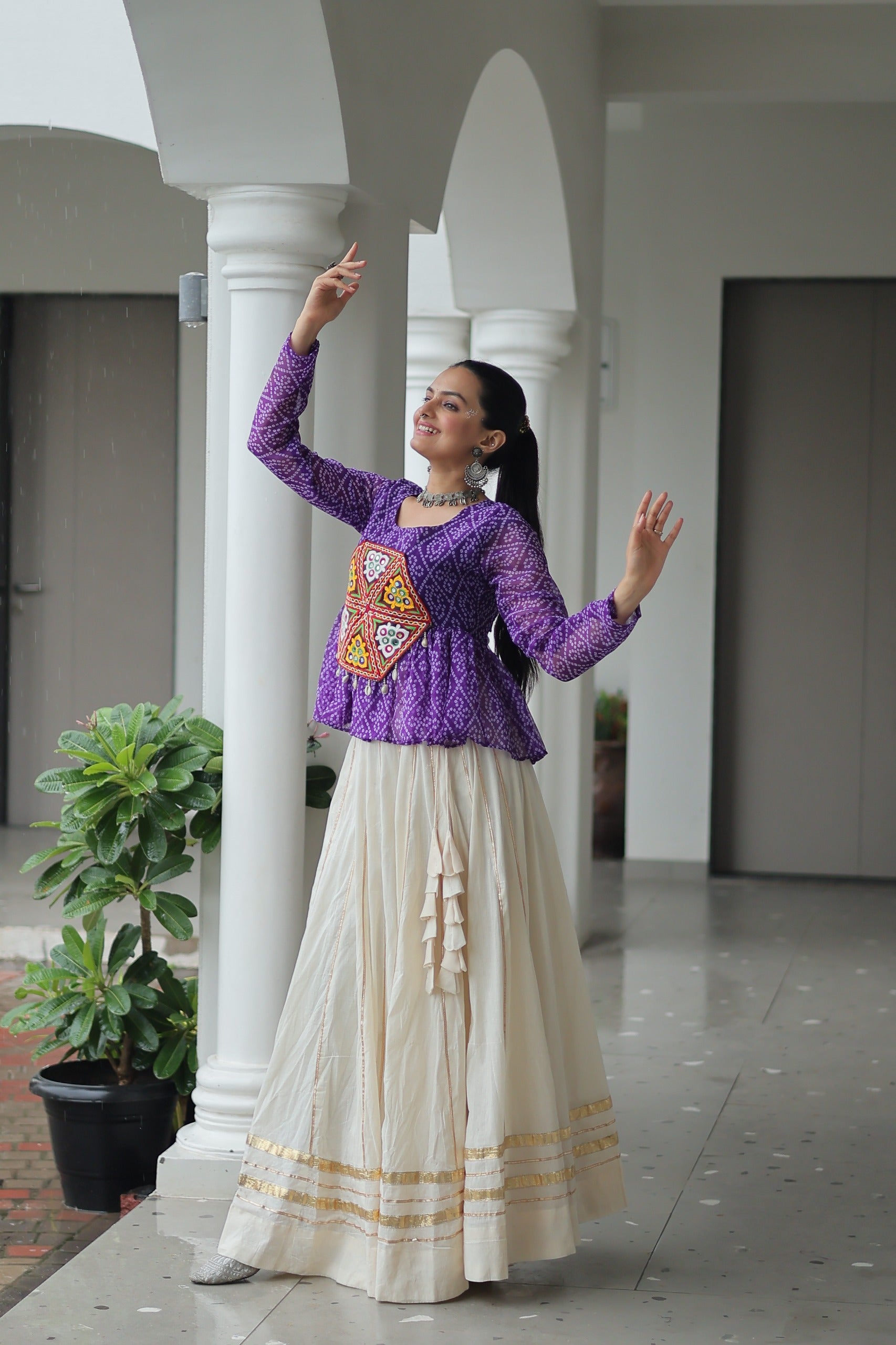 Bandhani Printed White Cotton Navratri Lehenga With Top