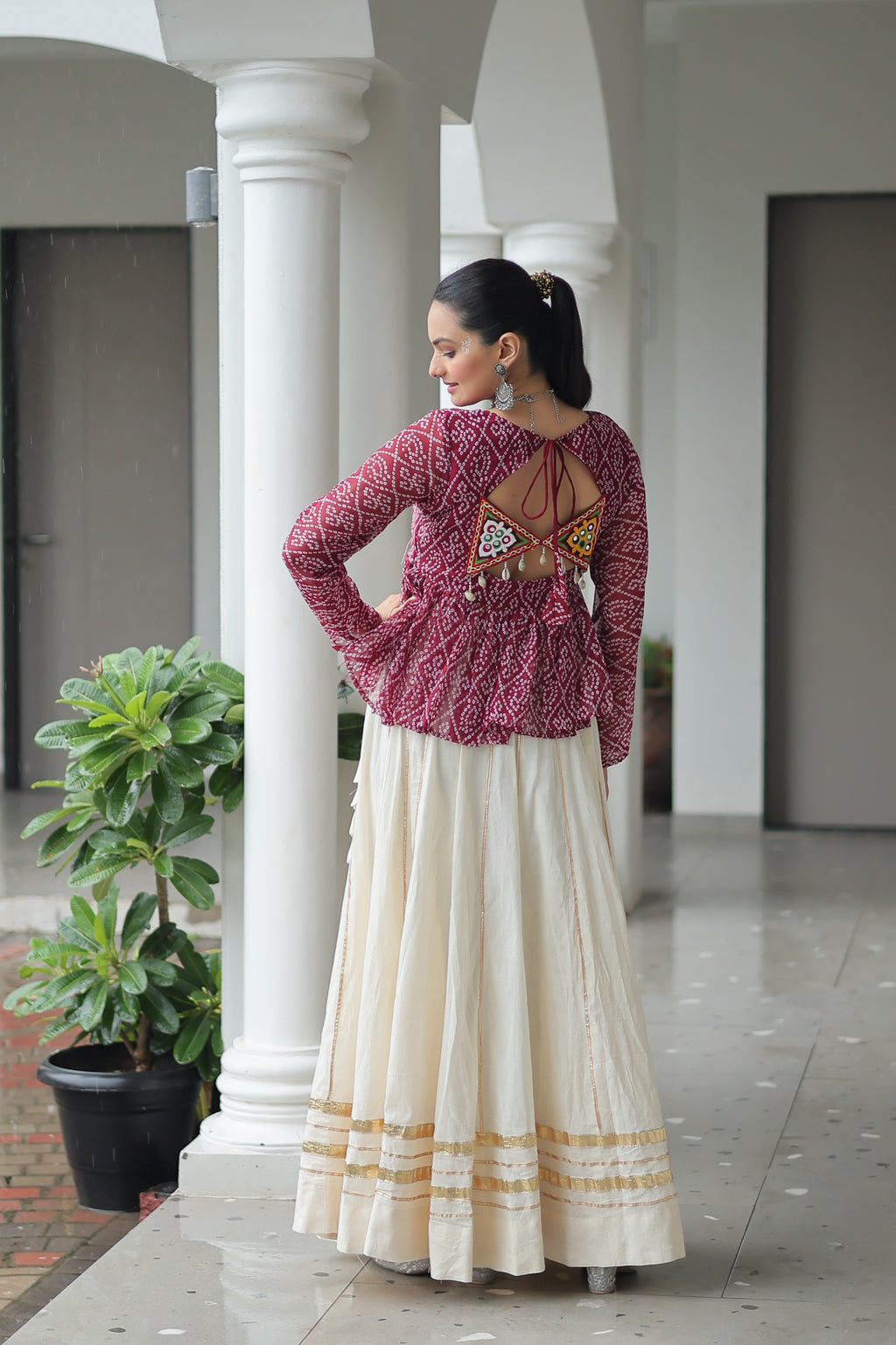 Bandhani Printed White Cotton Navratri Lehenga With Top