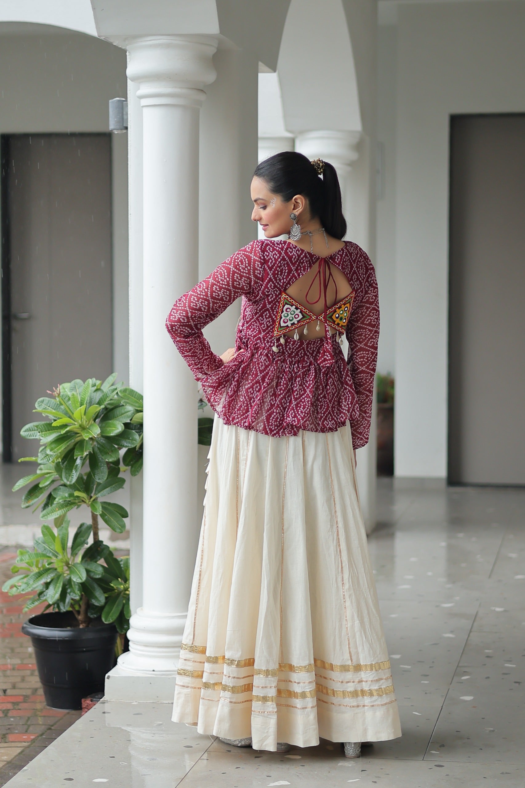 Bandhani Printed White Cotton Navratri Lehenga With Top