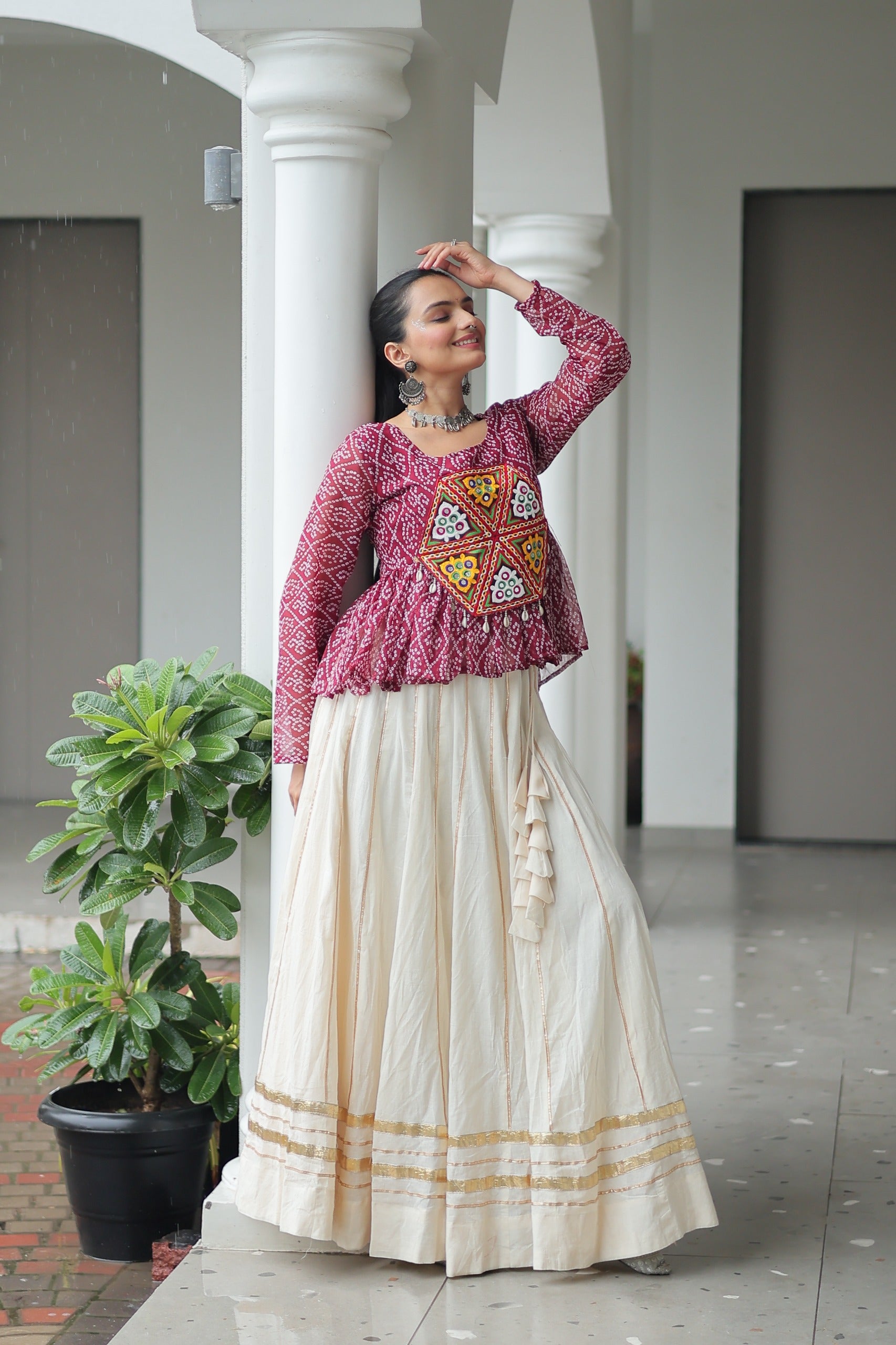 Bandhani Printed White Cotton Navratri Lehenga With Top