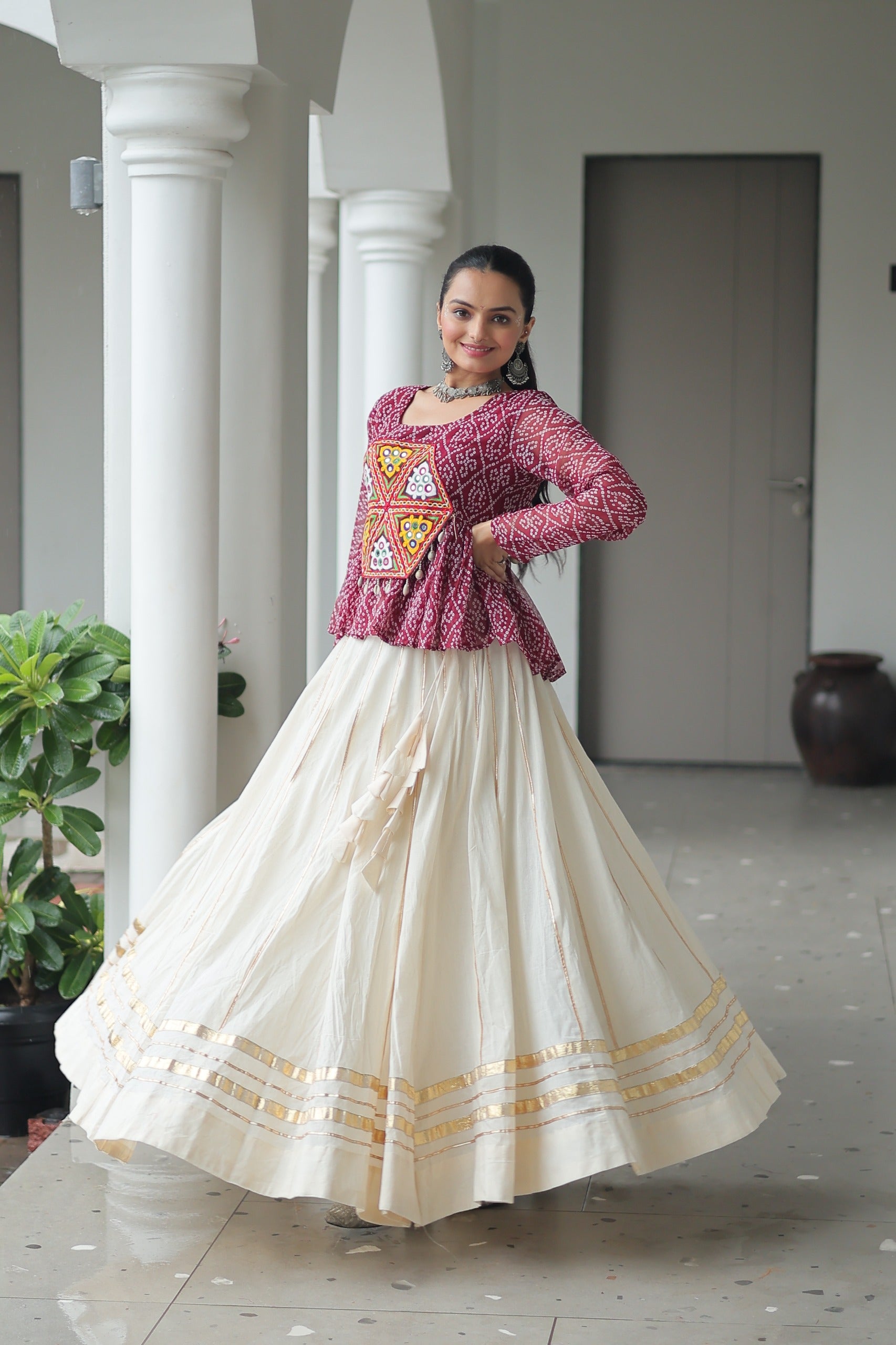 Bandhani Printed White Cotton Navratri Lehenga With Top