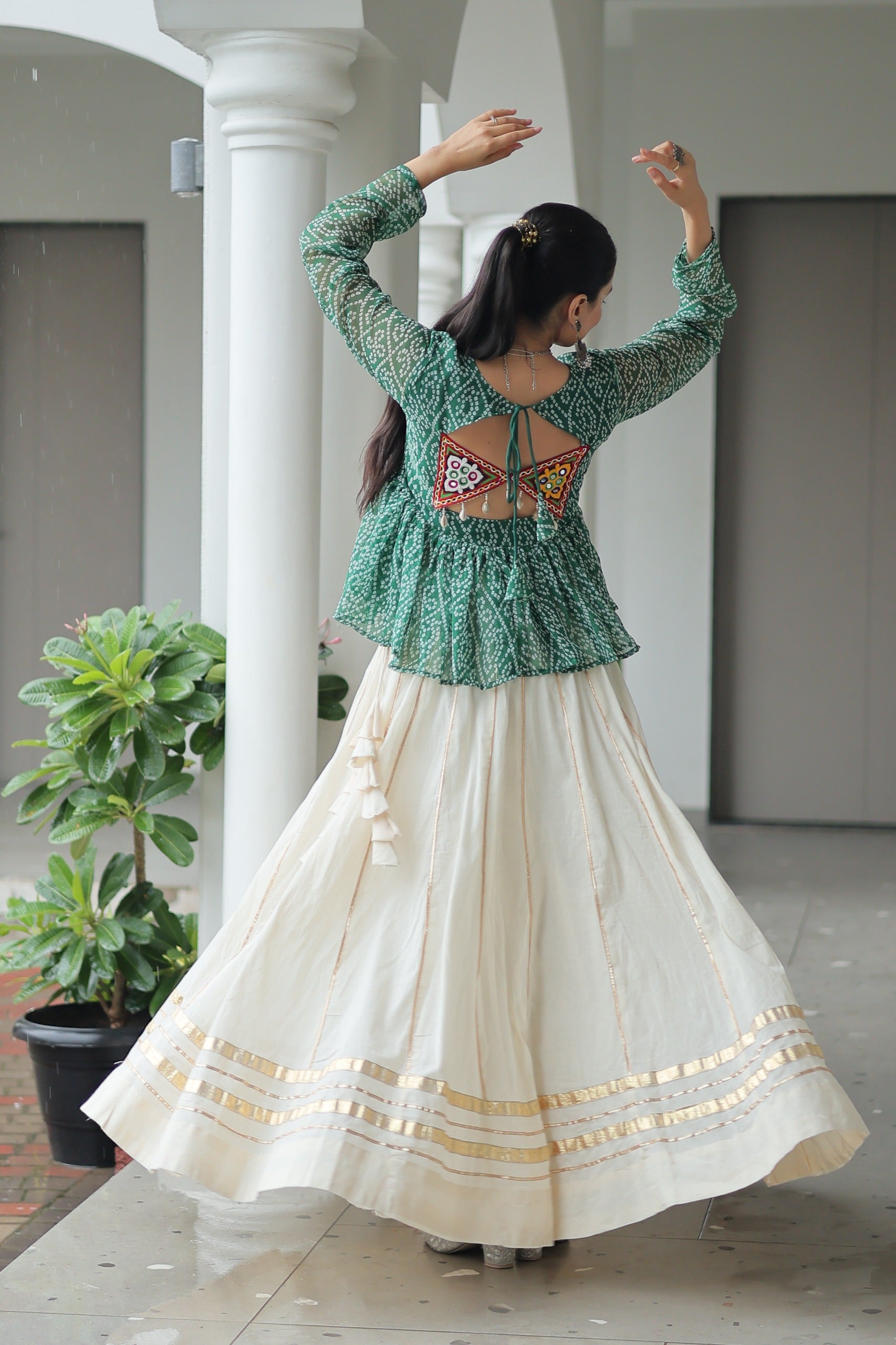 Bandhani Printed White Cotton Navratri Lehenga With Top