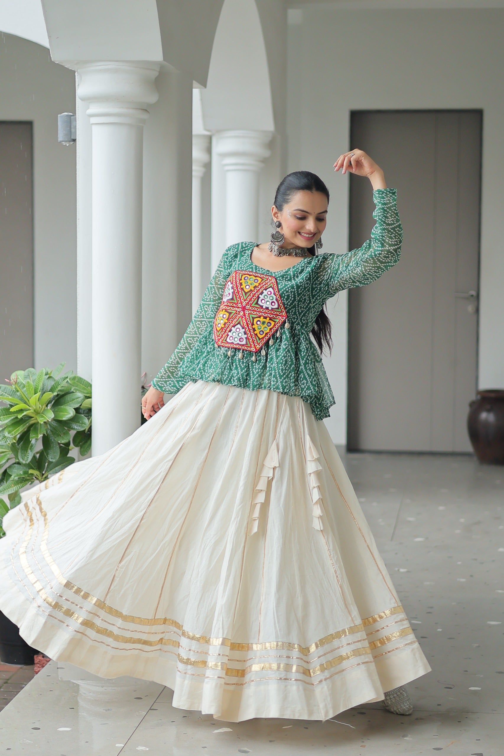 Bandhani Printed White Cotton Navratri Lehenga With Top