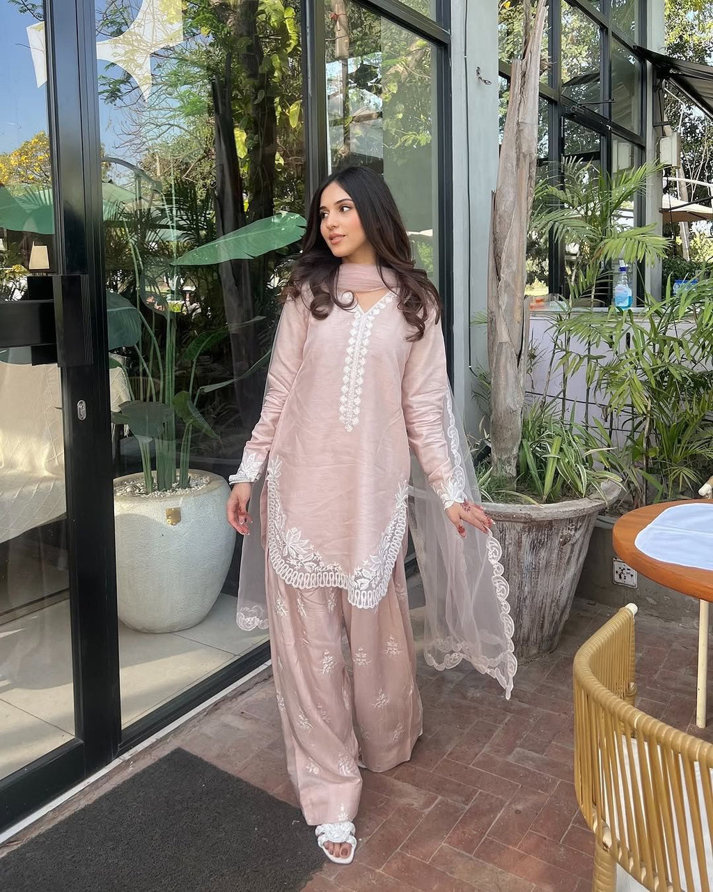 Natural Crepe Silk Embroidered Suit Set with Dupatta
