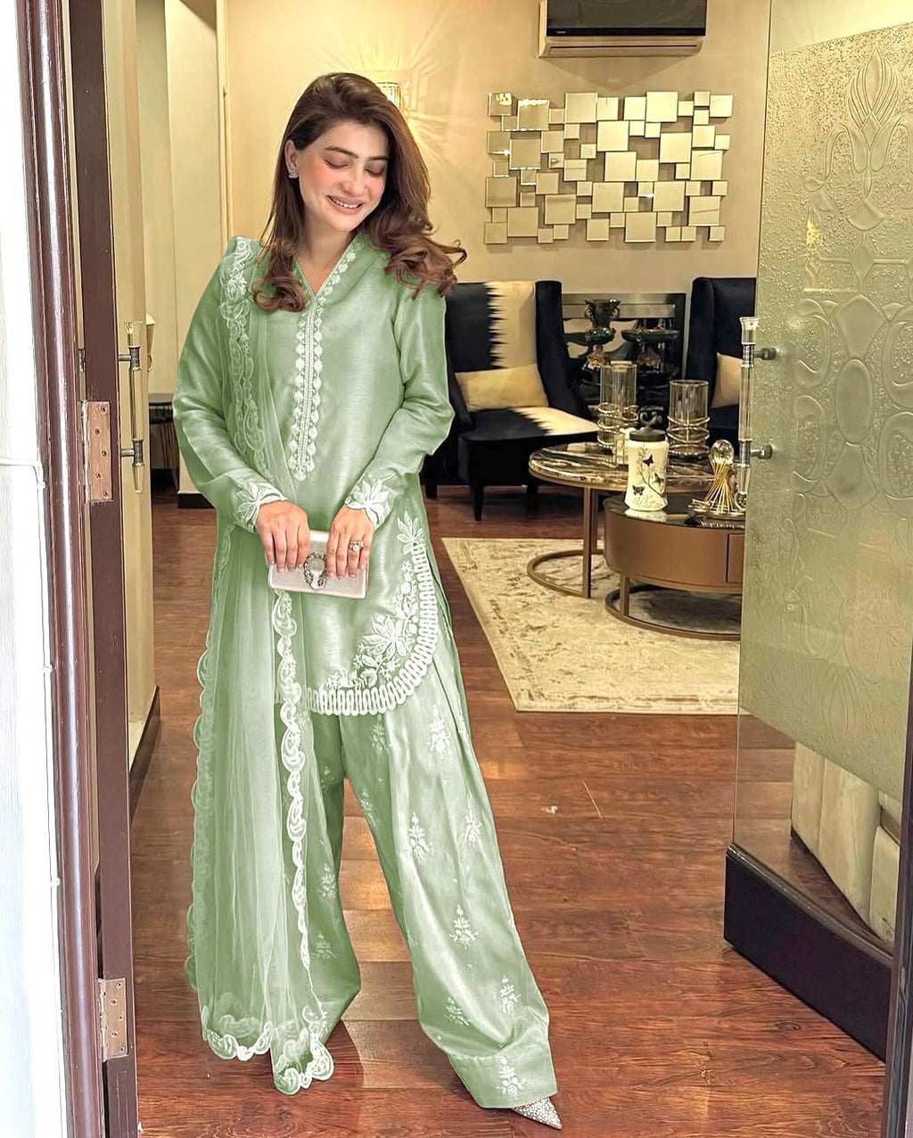 Natural Crepe Silk Embroidered Suit Set with Dupatta