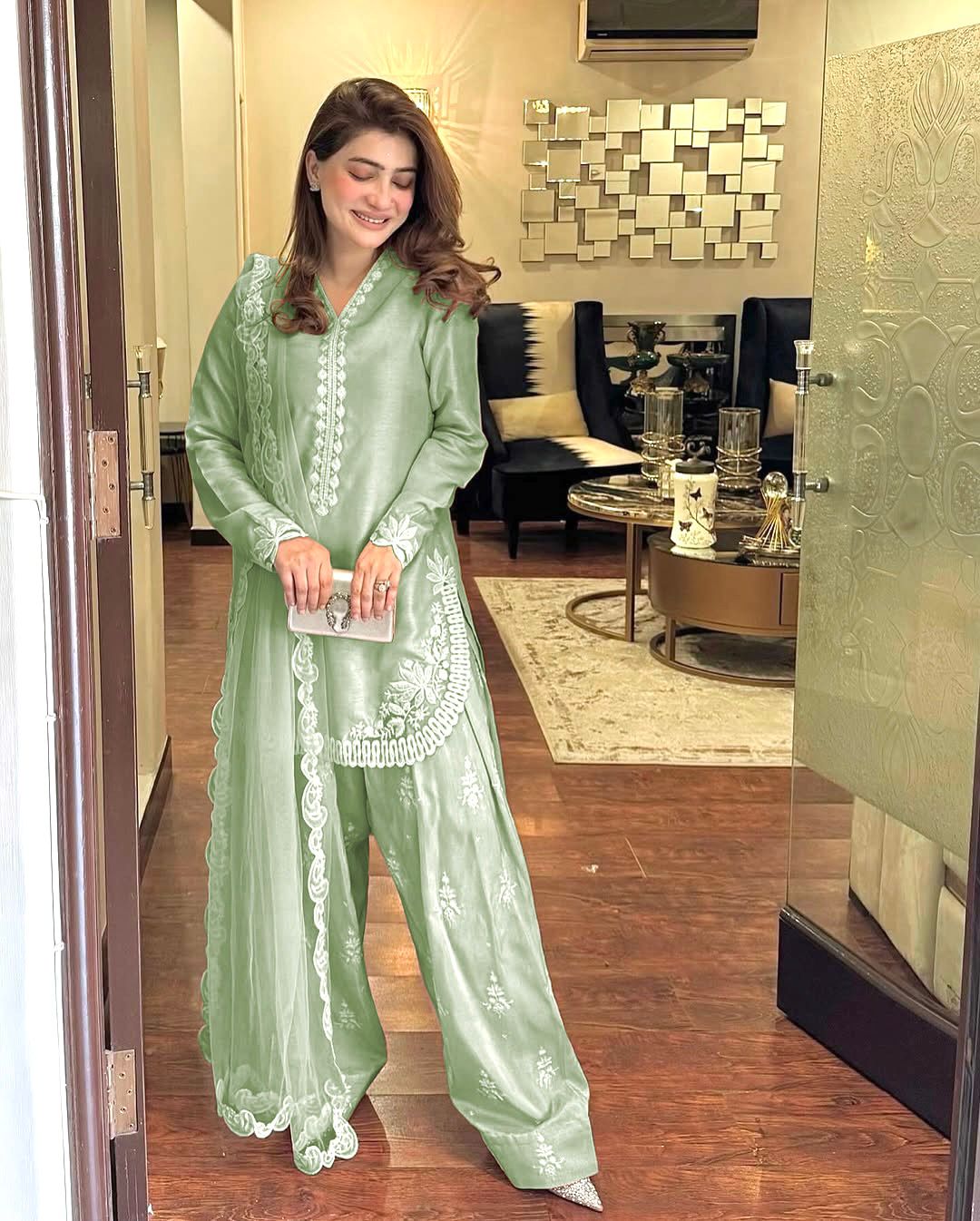Natural Crepe Silk Embroidered Suit Set with Dupatta