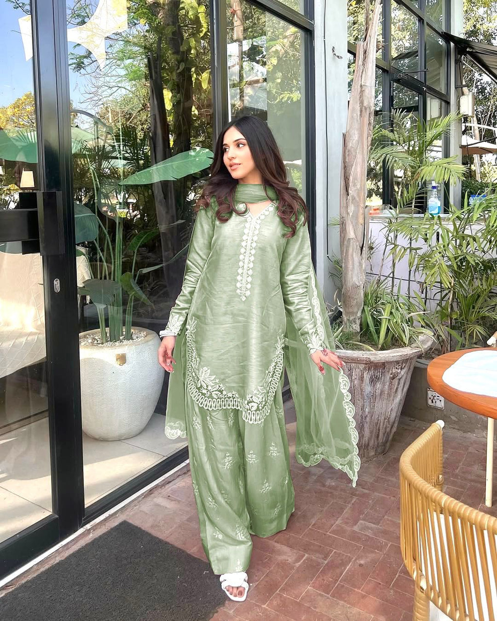 Natural Crepe Silk Embroidered Suit Set with Dupatta