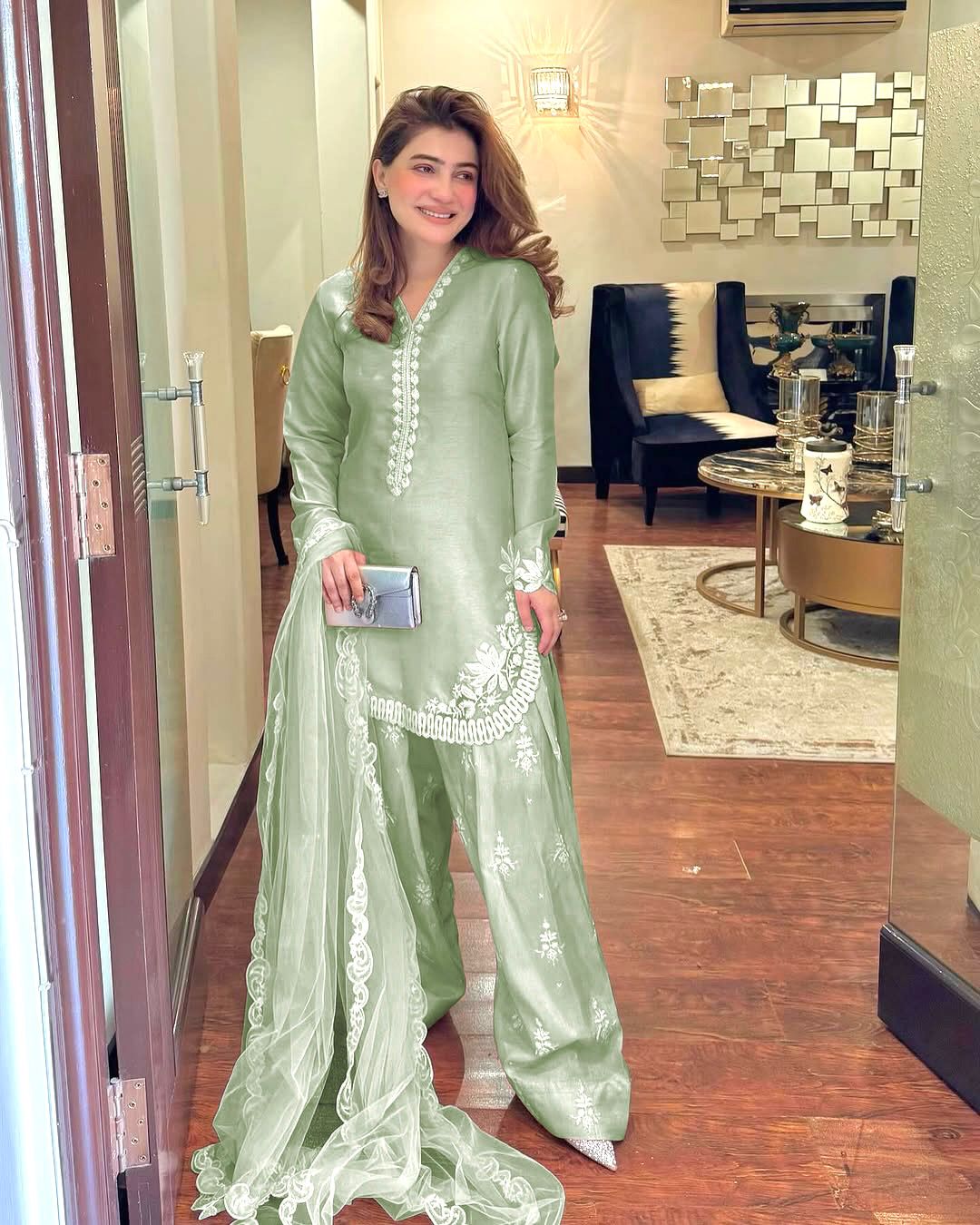 Natural Crepe Silk Embroidered Suit Set with Dupatta