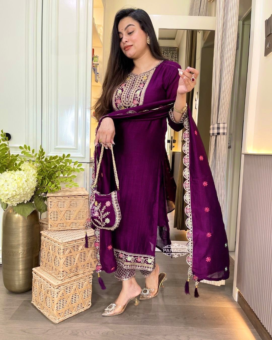 Chinon Silk Heavy Embroidered Work Suit