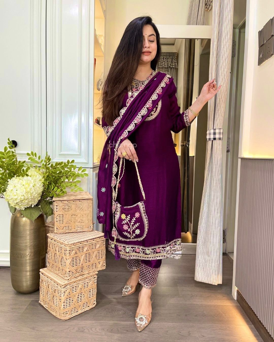 Chinon Silk Heavy Embroidered Work Suit