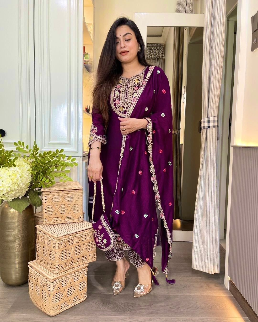 Chinon Silk Heavy Embroidered Work Suit