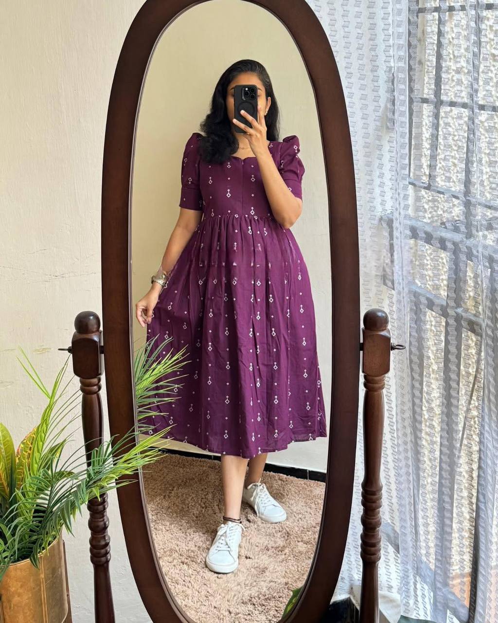 Wine Purple Geometric Hand blocked Print Cotton Midi Dress