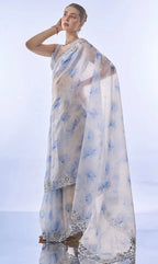 Sky Blue Floral Sequin Embellished Organza Saree