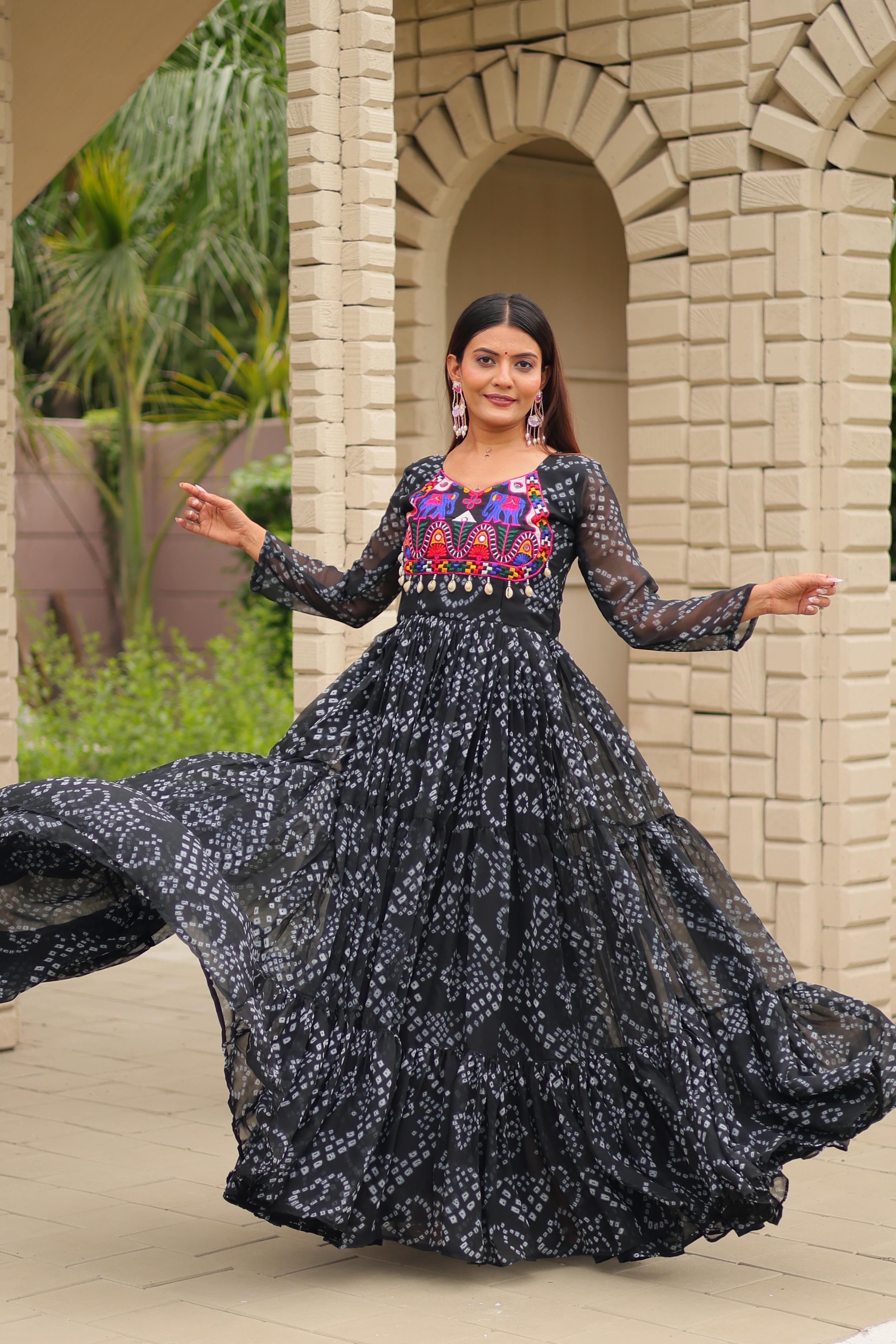 Women Black Georgette Bandhani Print Gown