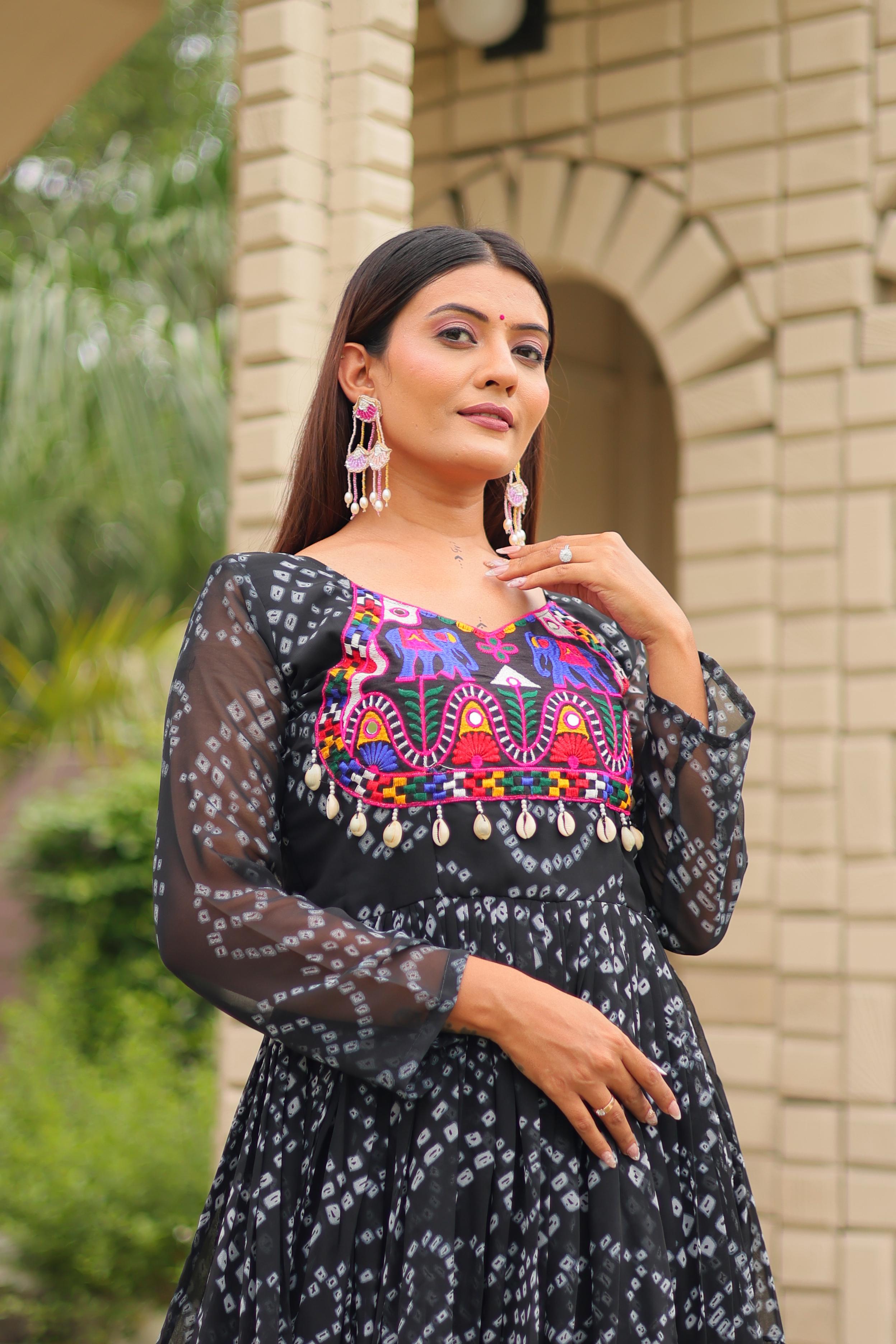 Women Black Georgette Bandhani Print Gown