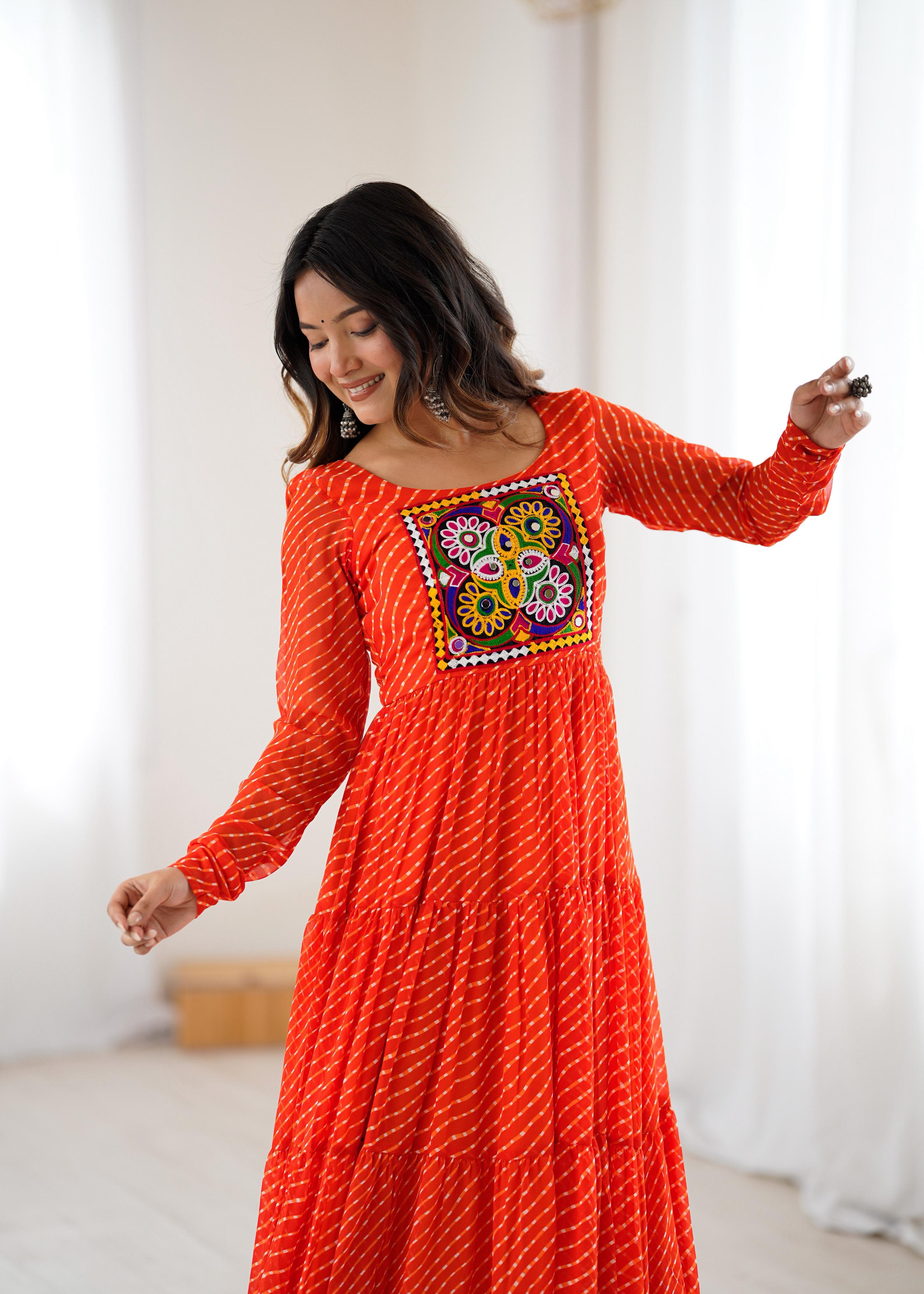 Laheriya Print and Kutchi Patch Work Navaratri Dress