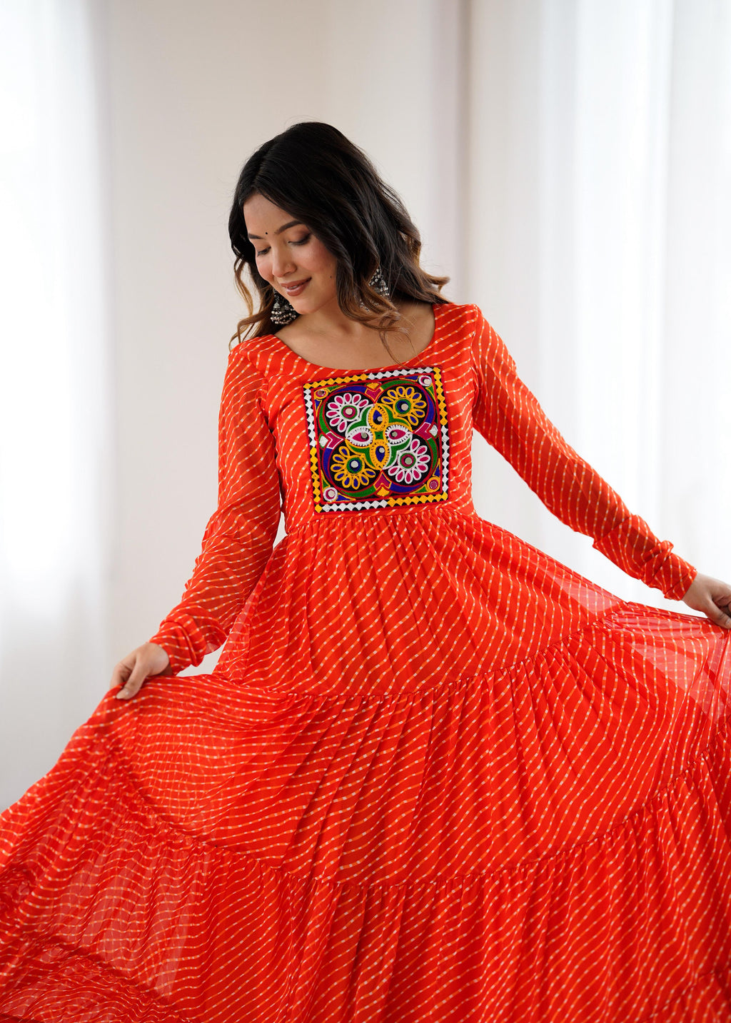 Laheriya Print and Kutchi Patch Work Navaratri Dress