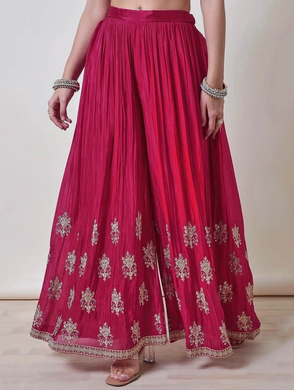 Fuchsia Zari Embroidered Chinon Sharara Set With Dupatta