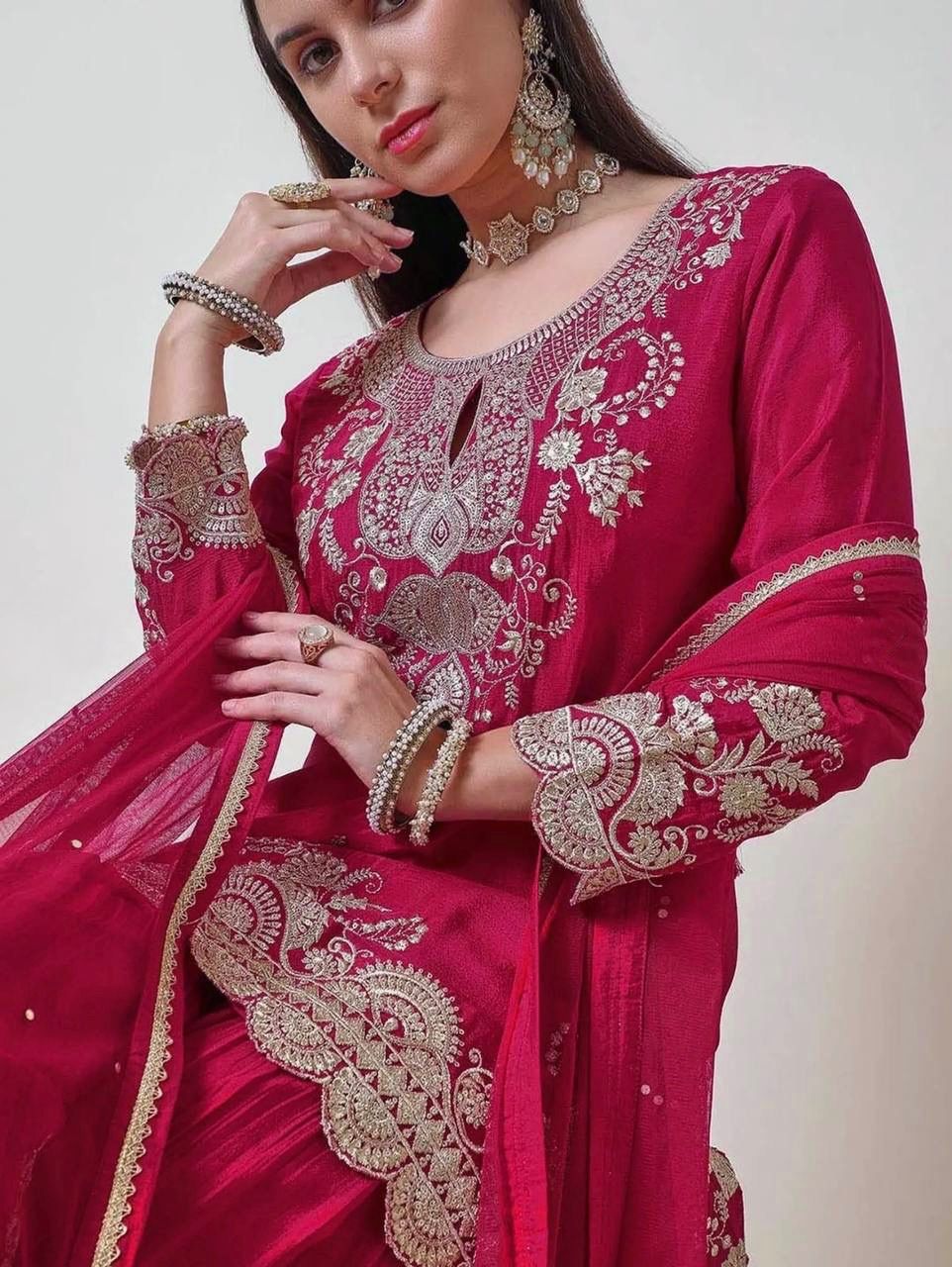 Fuchsia Zari Embroidered Chinon Sharara Set With Dupatta