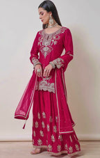 Fuchsia Zari Embroidered Chinon Sharara Set With Dupatta