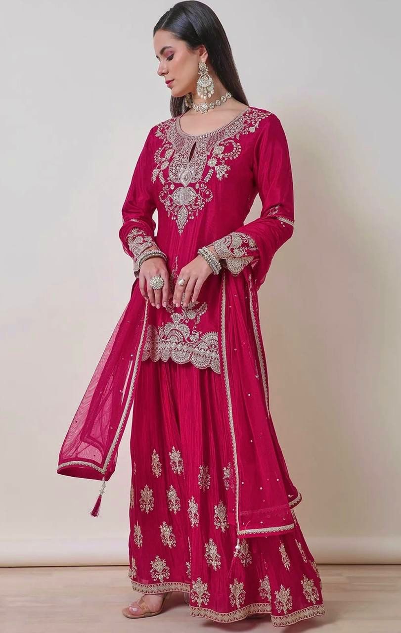 Fuchsia Zari Embroidered Chinon Sharara Set With Dupatta